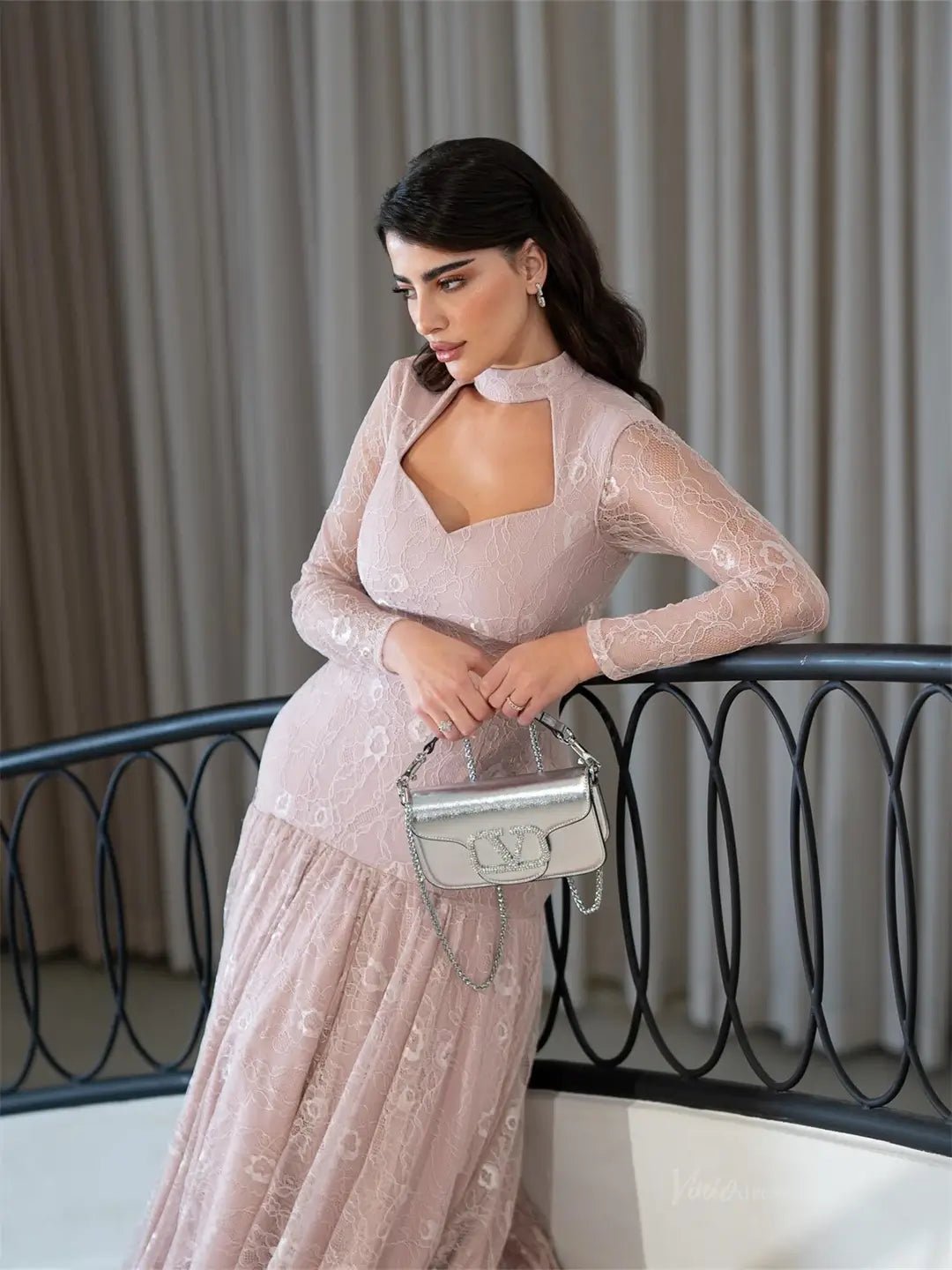 Dusty Rose Lace Prom Dresses 2025 with Long Sleeve & High Neck FD520 Viniodress Dusty Rose Lace Prom Dresses 2025 with Long Sleeve & High Neck FD520 Viniodress