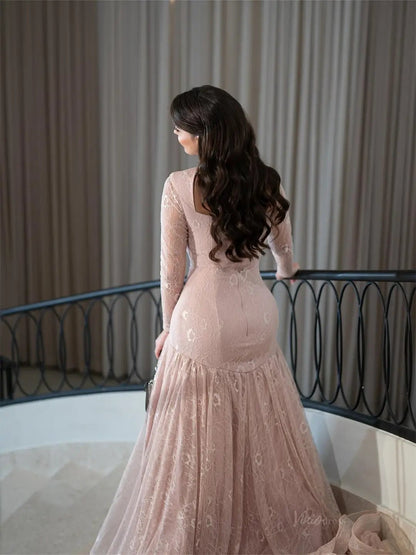 Dusty Rose Lace Prom Dresses 2025 with Long Sleeve & High Neck FD520 Viniodress Dusty Rose Lace Prom Dresses 2025 with Long Sleeve & High Neck FD520 Viniodress