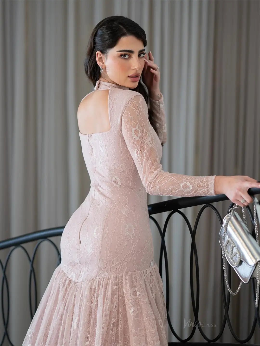 Dusty Rose Lace Prom Dresses 2025 with Long Sleeve & High Neck – FD5203 - Viniodressprom dressesDusty RoseCustom Size - Formal Dresses - Ball Gowns