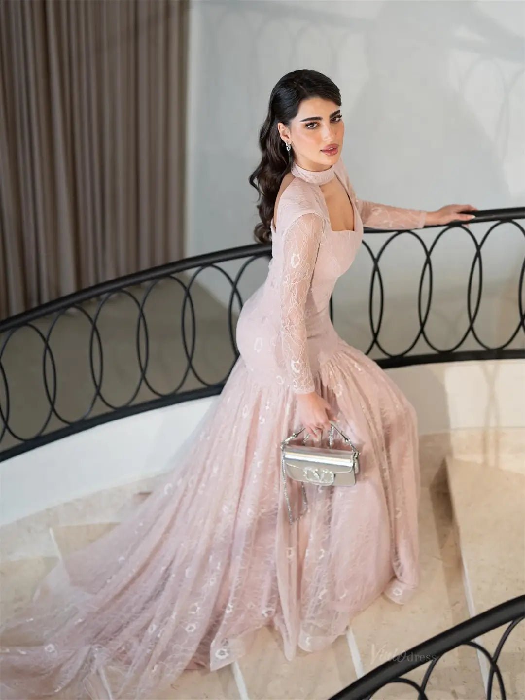 Dusty Rose Lace Prom Dresses 2025 with Long Sleeve & High Neck – FD5203 - Viniodressprom dressesDusty RoseCustom Size - Formal Dresses - Ball Gowns