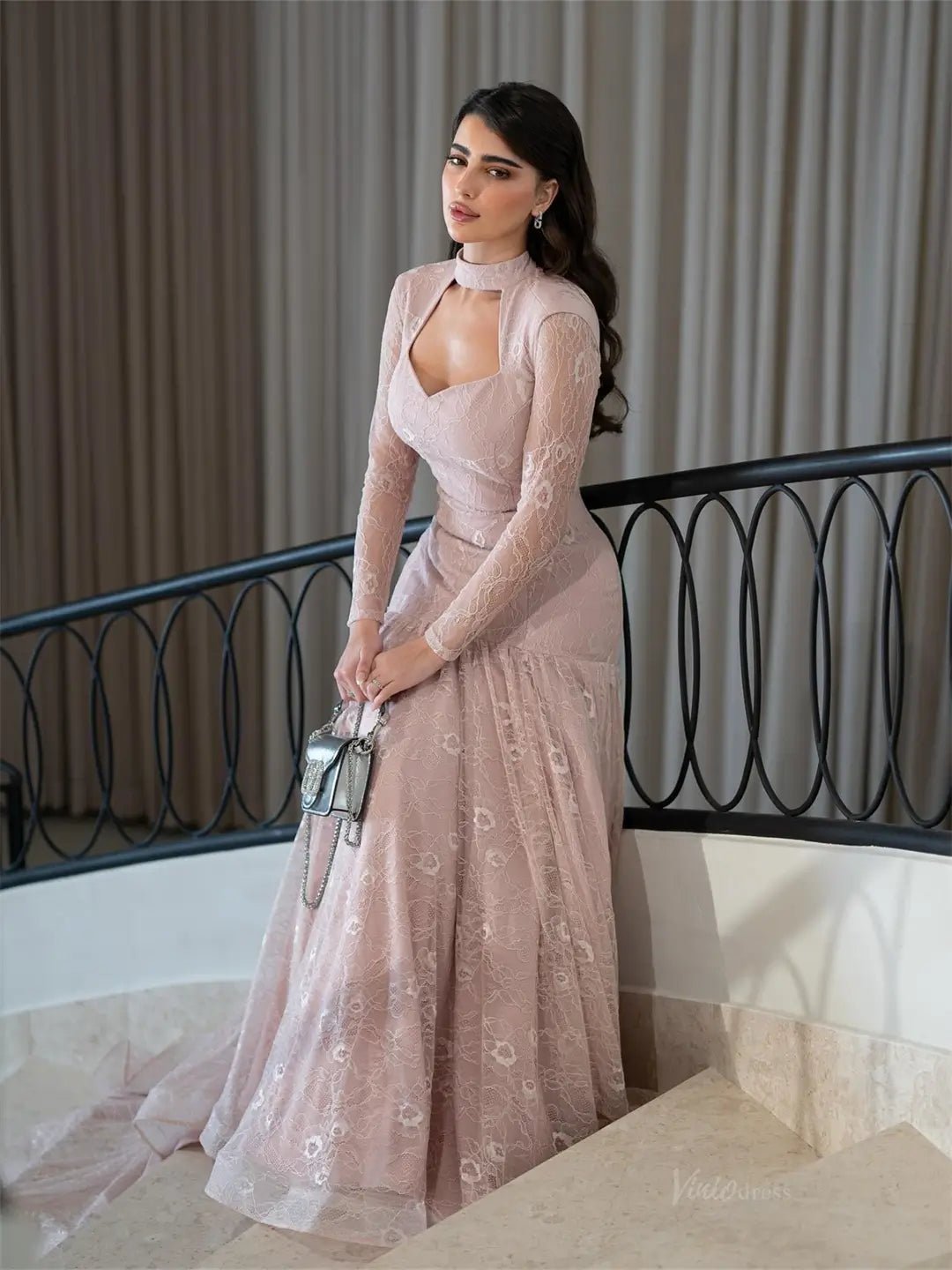 Dusty Rose Lace Prom Dresses 2025 with Long Sleeve & High Neck – FD5203 - Viniodressprom dressesDusty RoseCustom Size - Formal Dresses - Ball Gowns