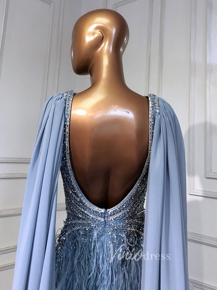 pink and blue prom dress Dusty Rose Pink Beaded Feather Prom Dressses Chiffon Cape Evening Dres – Viniodress