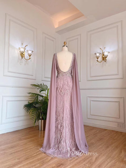 Dusty Rose Pink Beaded Feather Prom Dressses Chiffon Cape Evening Dress 20003-Evening Dresses 2025 -Viniodress-Dusty Rose-US 2-