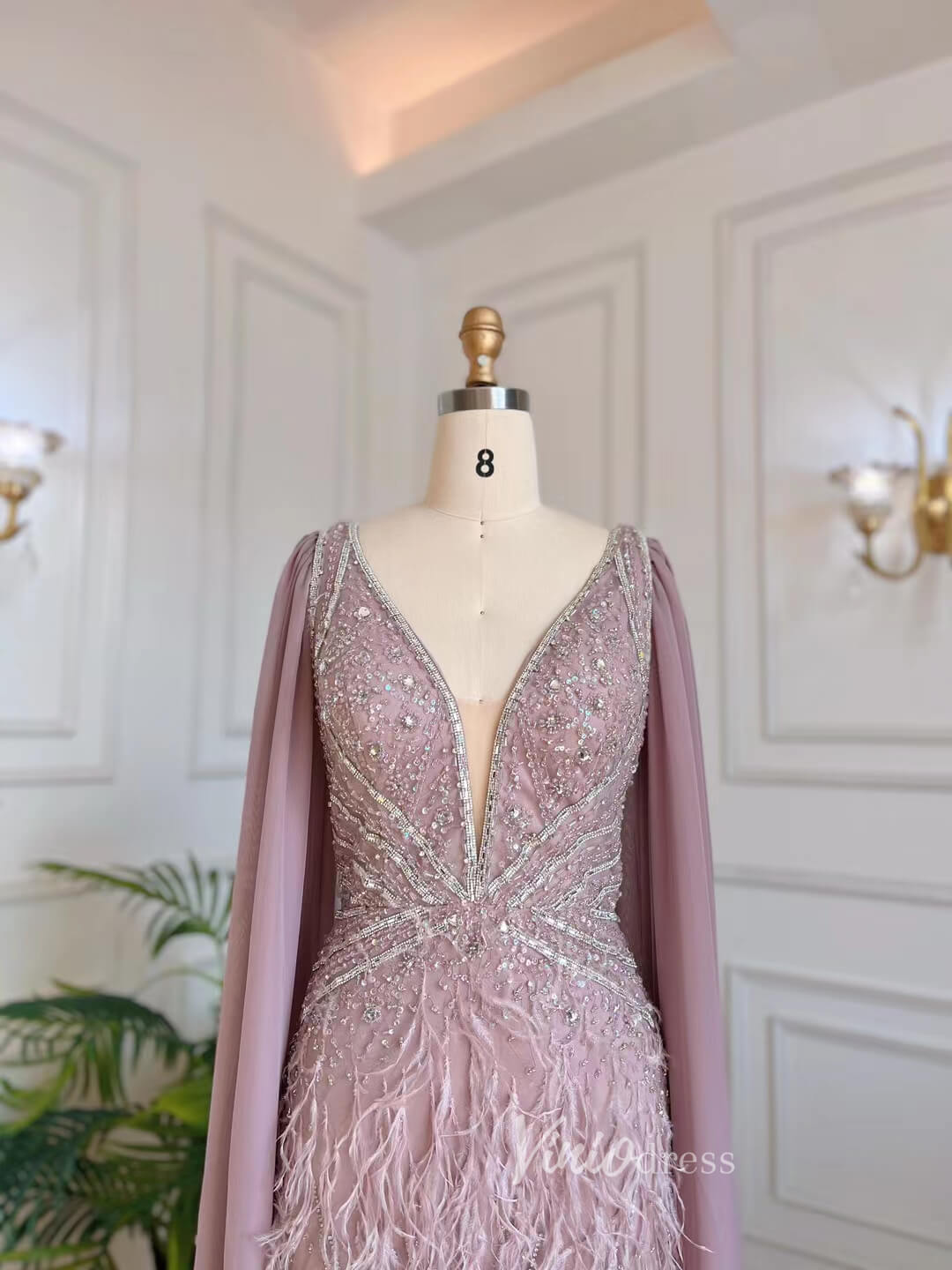 Dusty Rose Pink Beaded Feather Prom Dressses Chiffon Cape Evening Dress 20003-Evening Dresses 2025 -Viniodress-Dusty Rose-US 2-