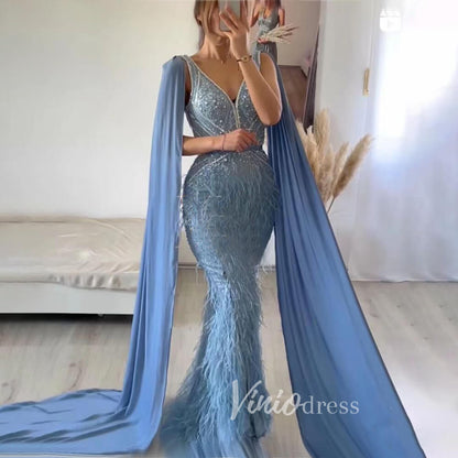 Dusty Rose Pink Beaded Feather Prom Dressses Chiffon Cape Evening Dress 20003-Evening Dresses 2025 -Viniodress-Dusty Rose-US 2-