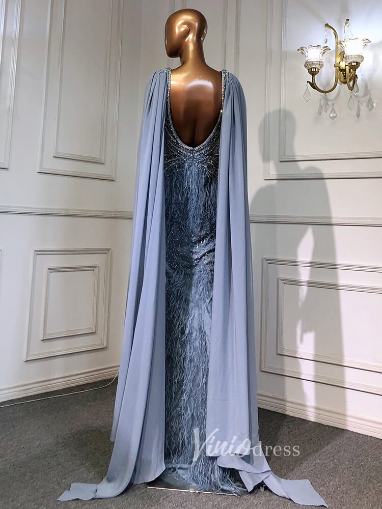 Dusty Rose Pink Beaded Feather Prom Dressses Chiffon Cape Evening Dress 20003-Evening Dresses 2025 -Viniodress-Dusty Rose-US 2-