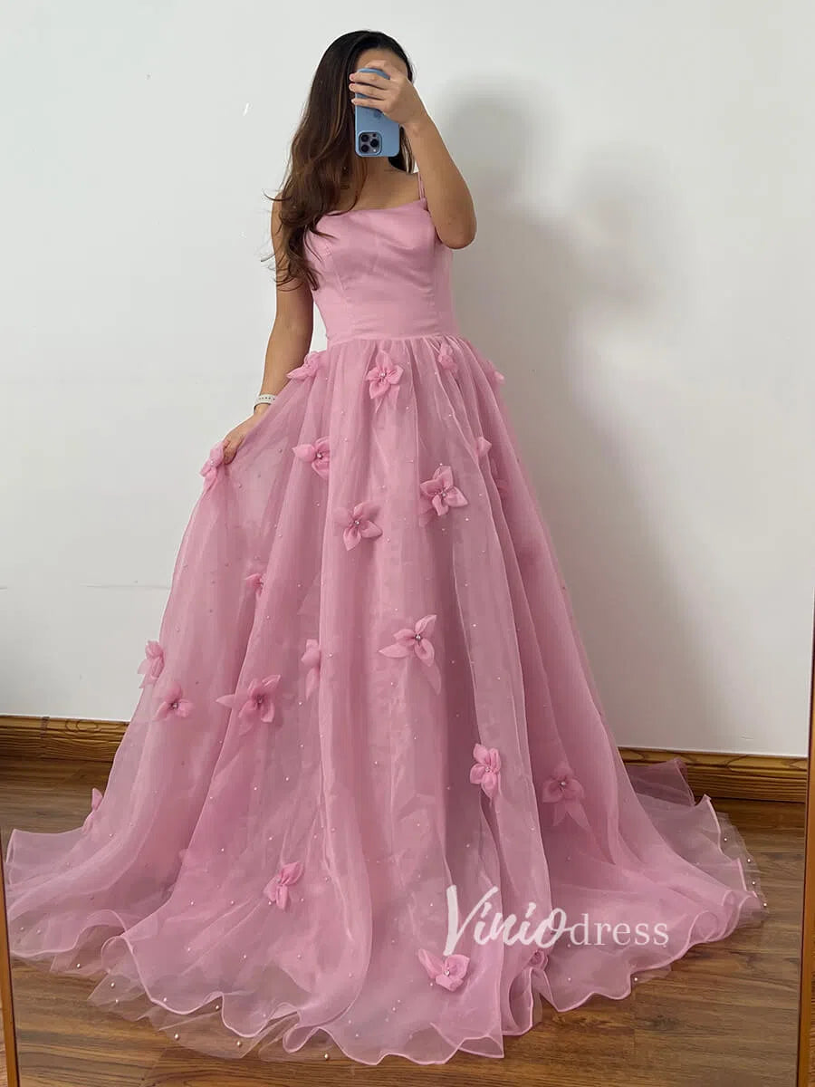 Dusty Rose Pink Floral Prom Dresses Lace-up Back FD1016-prom dresses 2025 -Viniodress-Dusty Rose-Custom Size-