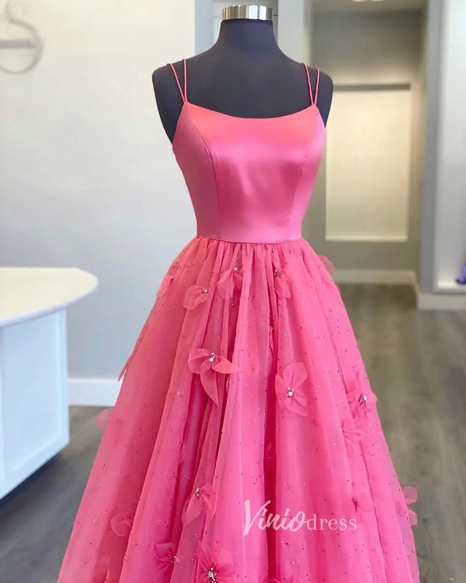 Dusty Rose Pink Floral Prom Dresses Lace-up Back FD1016-prom dresses 2025 -Viniodress-Hot Pink-Custom Size-
