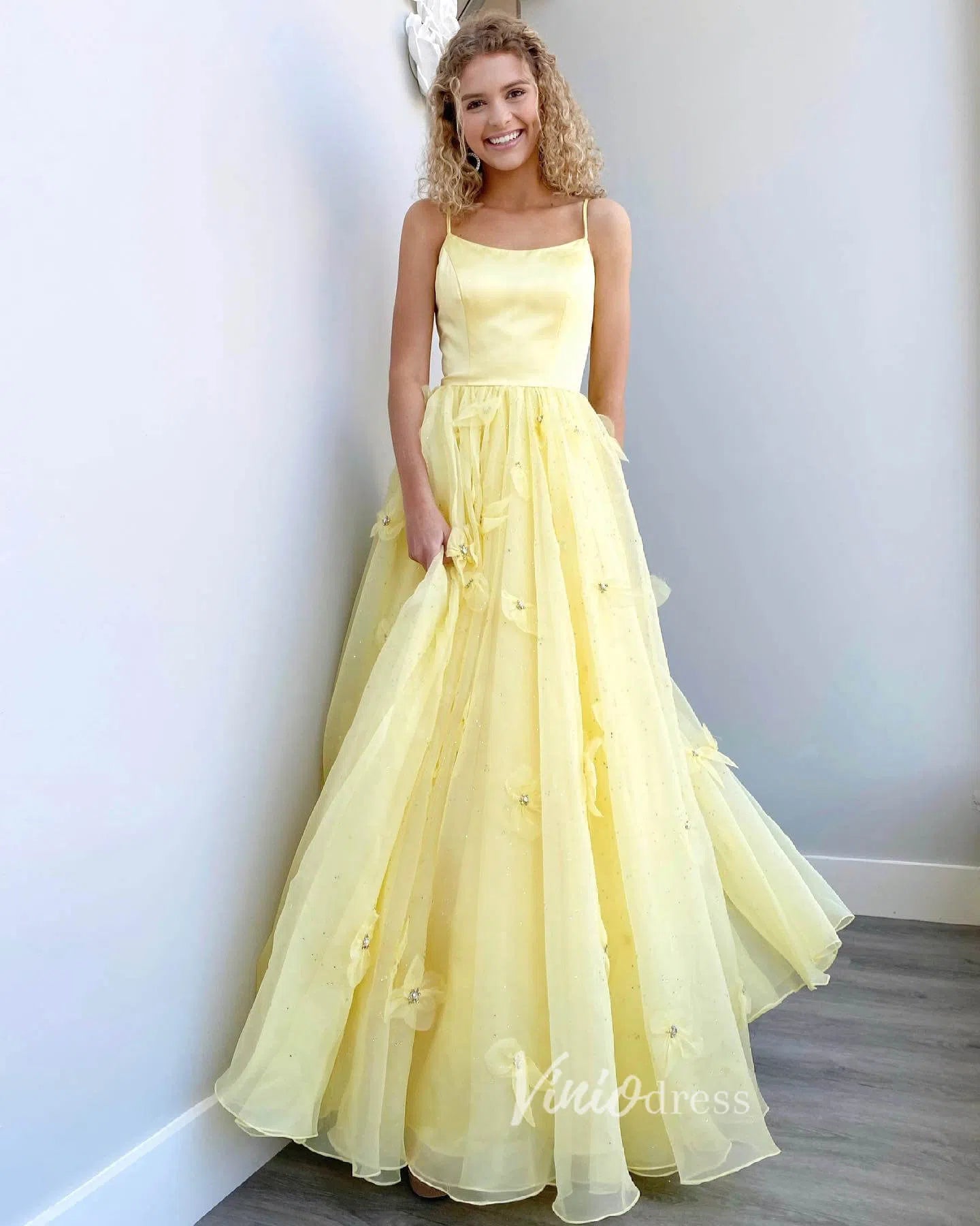 Prom Dress 2025 Dusty Rose Pink Floral Prom Dresses Lace-up Back FD1016-unique prom dresses-Yellow-Custom Size-Viniodress