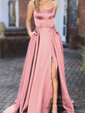 Dusty Rose Pink Satin Long Prom Dresses with Pockets FD1350