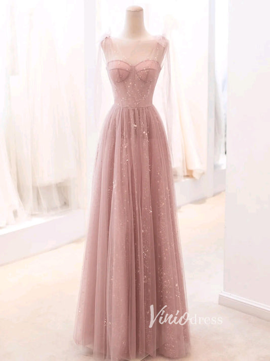 Dusty Rose Pink Starry Tulle Prom Dresses A-line Evening Dress FD3426-prom dresses 2025 -Viniodress-Dusty Rose-Custom Size-