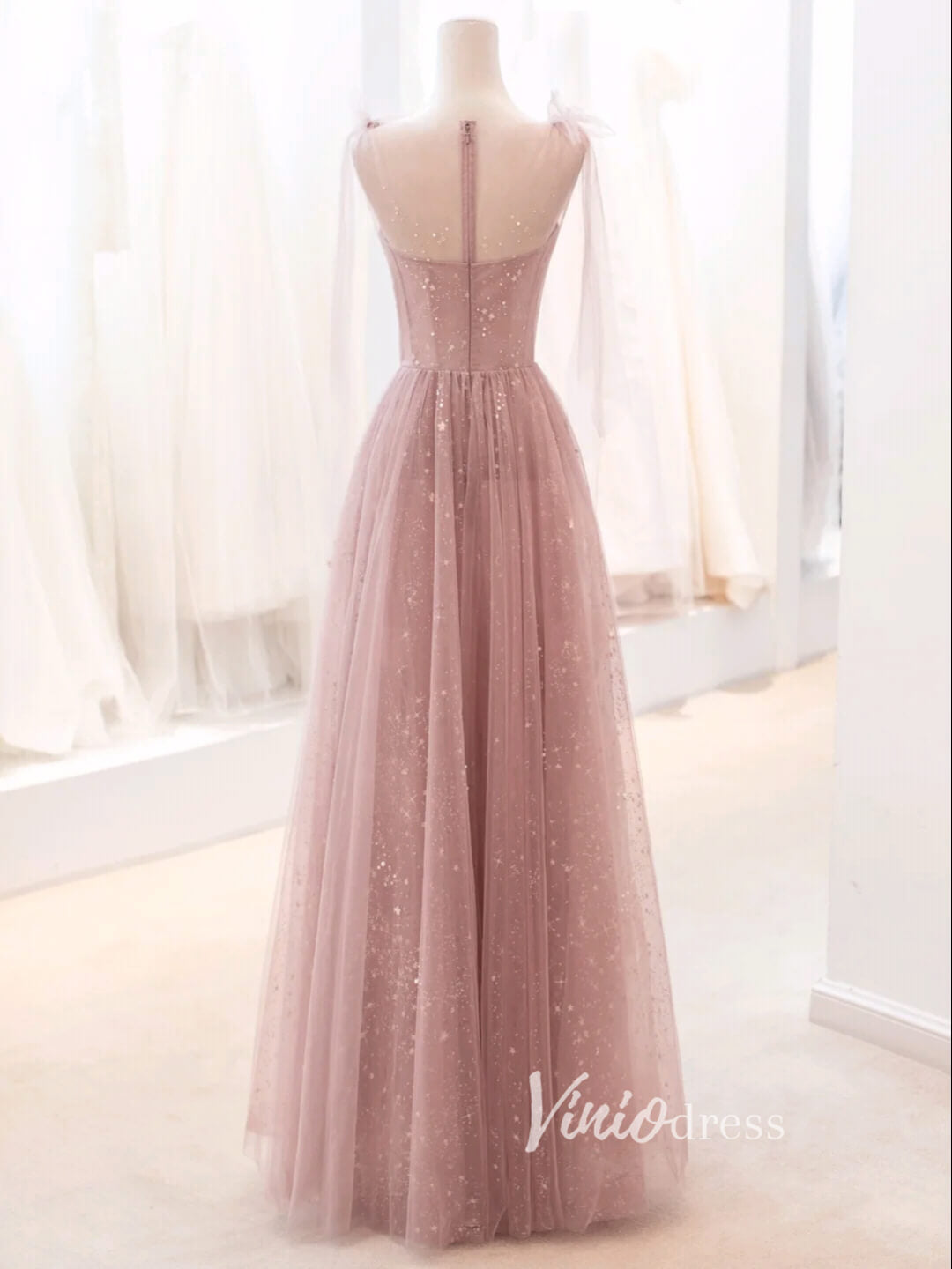 Prom Dress 2025 Dusty Rose Pink Starry Tulle Prom Dresses A-line Evening Dress FD3426-unique prom dresses-Dusty Rose-Custom Size-Viniodress