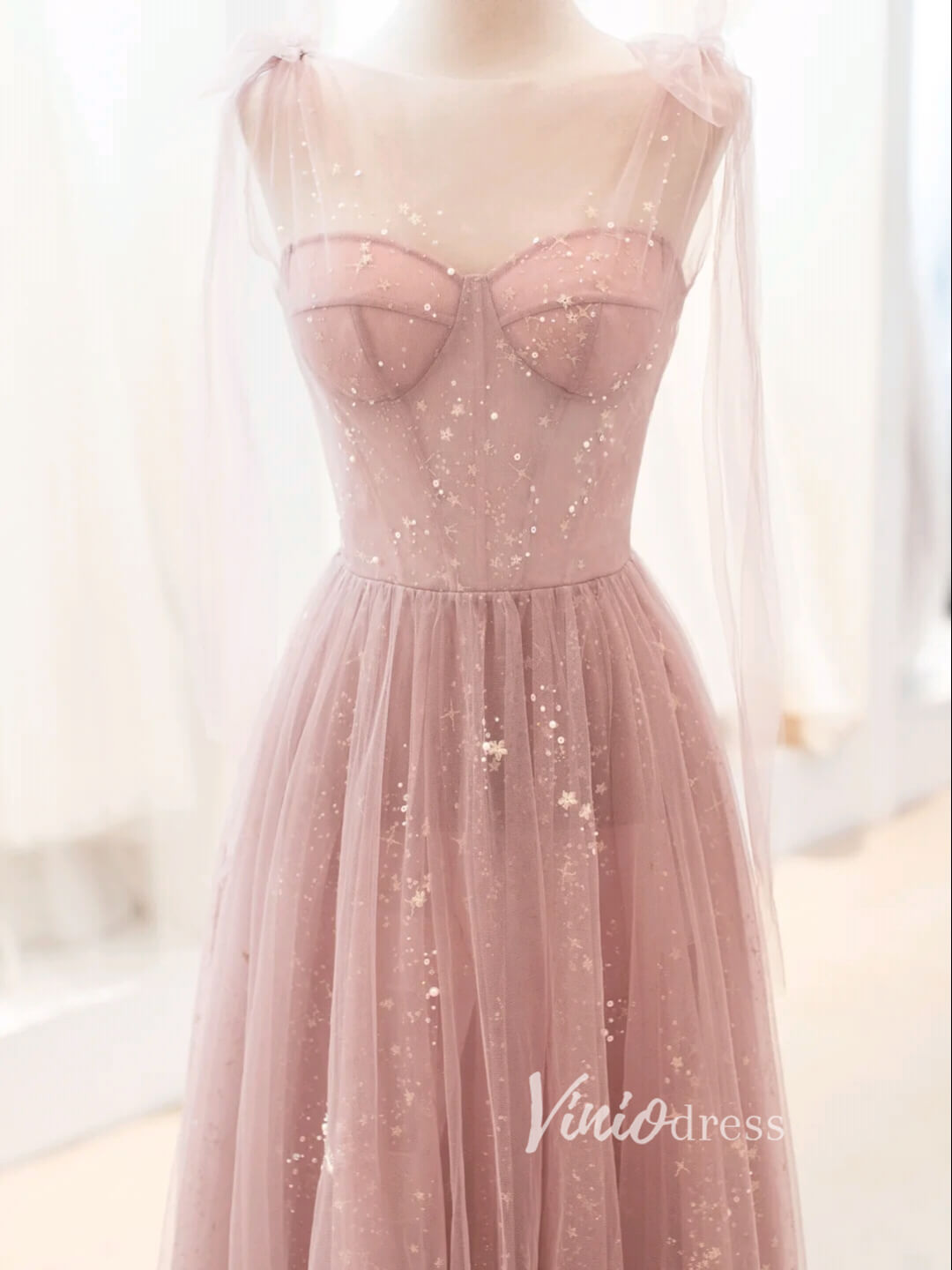 Prom Dress 2025 Dusty Rose Pink Starry Tulle Prom Dresses A-line Evening Dress FD3426-unique prom dresses-Dusty Rose-Custom Size-Viniodress