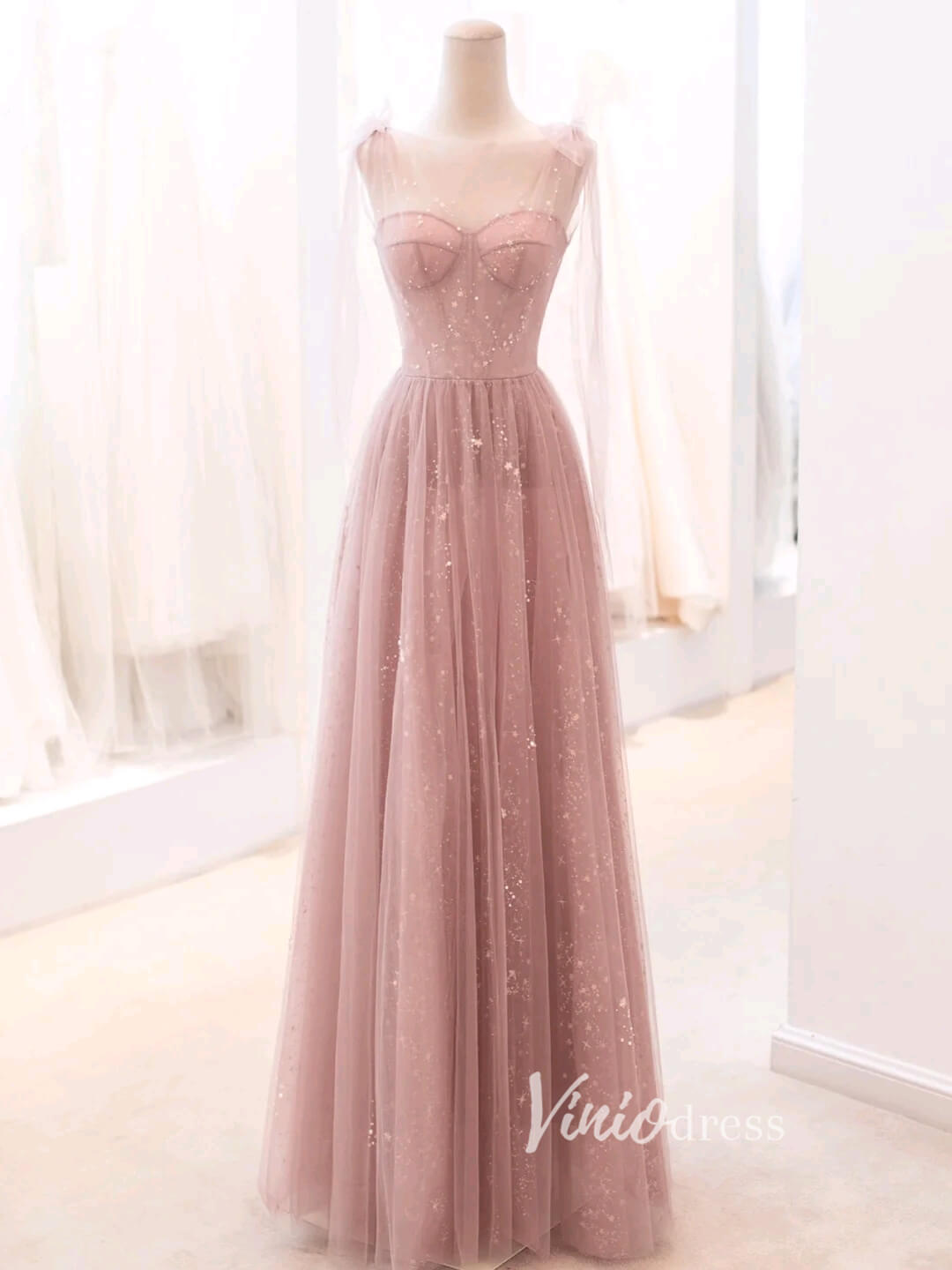 Prom Dress 2025 Dusty Rose Pink Starry Tulle Prom Dresses A-line Evening Dress FD3426-unique prom dresses-Dusty Rose-Custom Size-Viniodress