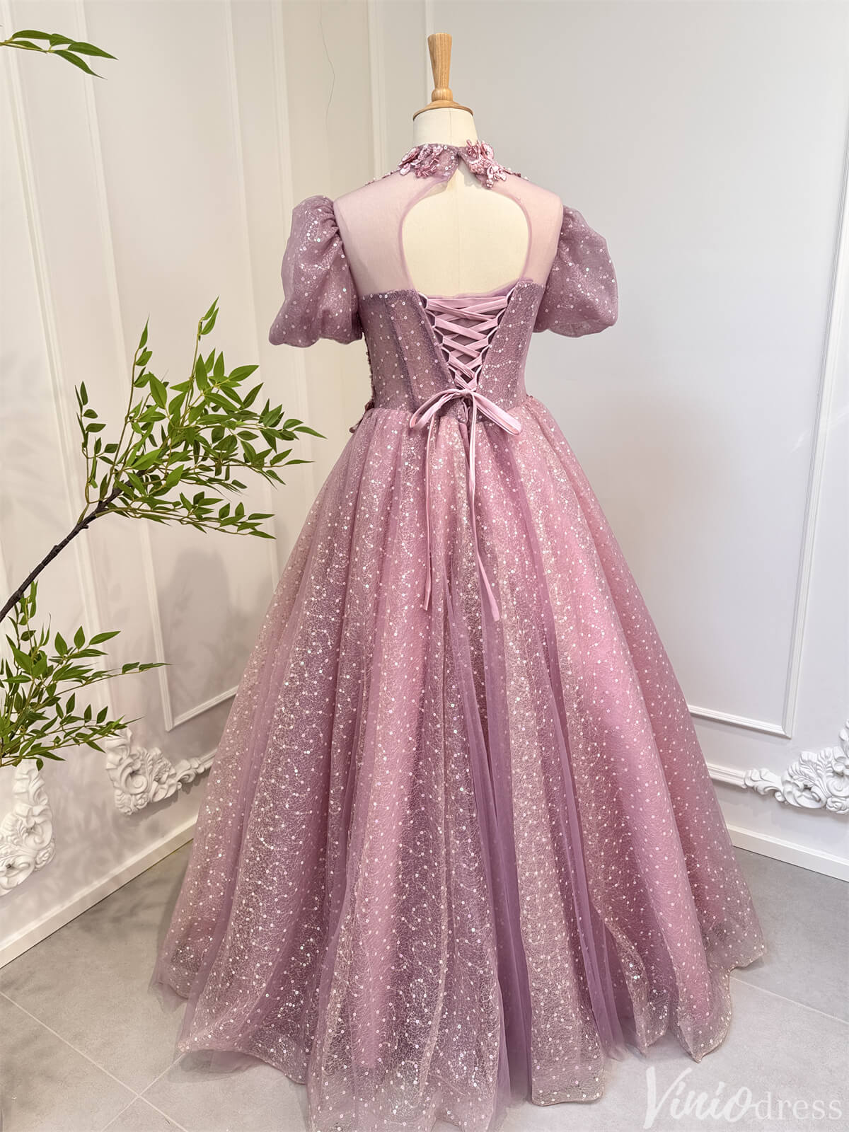 Dusty Rose Prom Dresses Sequin Lace Modest High Neck Ball Gown 80008-prom dresses 2025 -Viniodress-Dusty Rose-Custom Size-