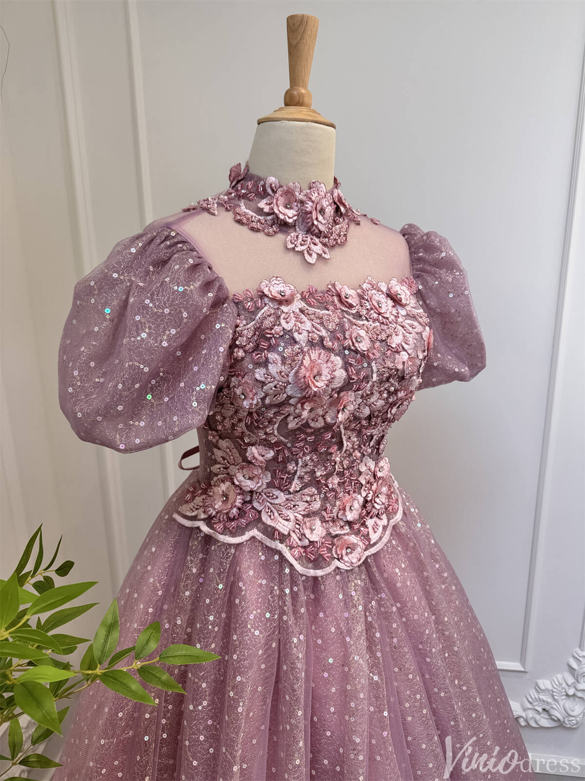 Dusty Rose Prom Dresses Sequin Lace Modest High Neck Ball Gown 80008-prom dresses 2025 -Viniodress-Dusty Rose-Custom Size-