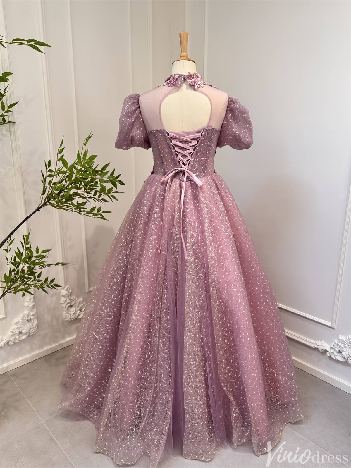 Dusty Rose Prom Dresses Sequin Lace Modest High Neck Ball Gown 80008-prom dresses 2025 -Viniodress-Dusty Rose-Custom Size-