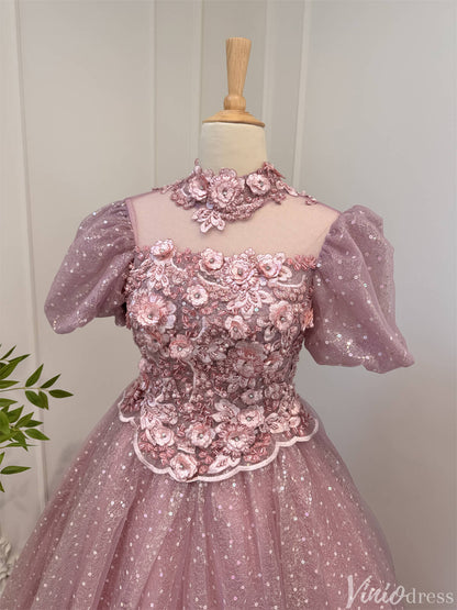 Dusty Rose Prom Dresses Sequin Lace Modest High Neck Ball Gown 80008-prom dresses 2025 -Viniodress-Dusty Rose-Custom Size-