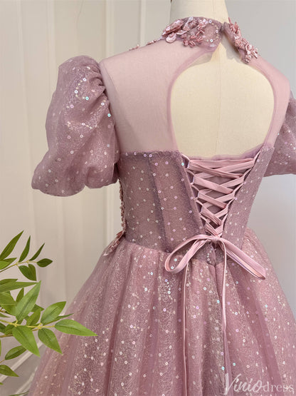 Dusty Rose Prom Dresses Sequin Lace Modest High Neck Ball Gown 80008-prom dresses 2025 -Viniodress-Dusty Rose-Custom Size-