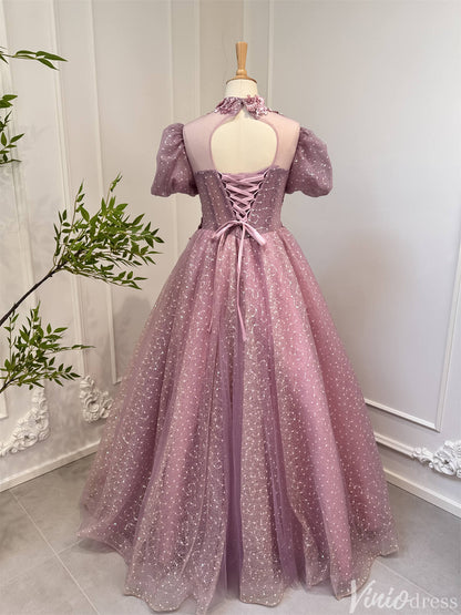 Dusty Rose Prom Dresses Sequin Lace Modest High Neck Ball Gown 80008-prom dresses 2025 -Viniodress-Dusty Rose-Custom Size-