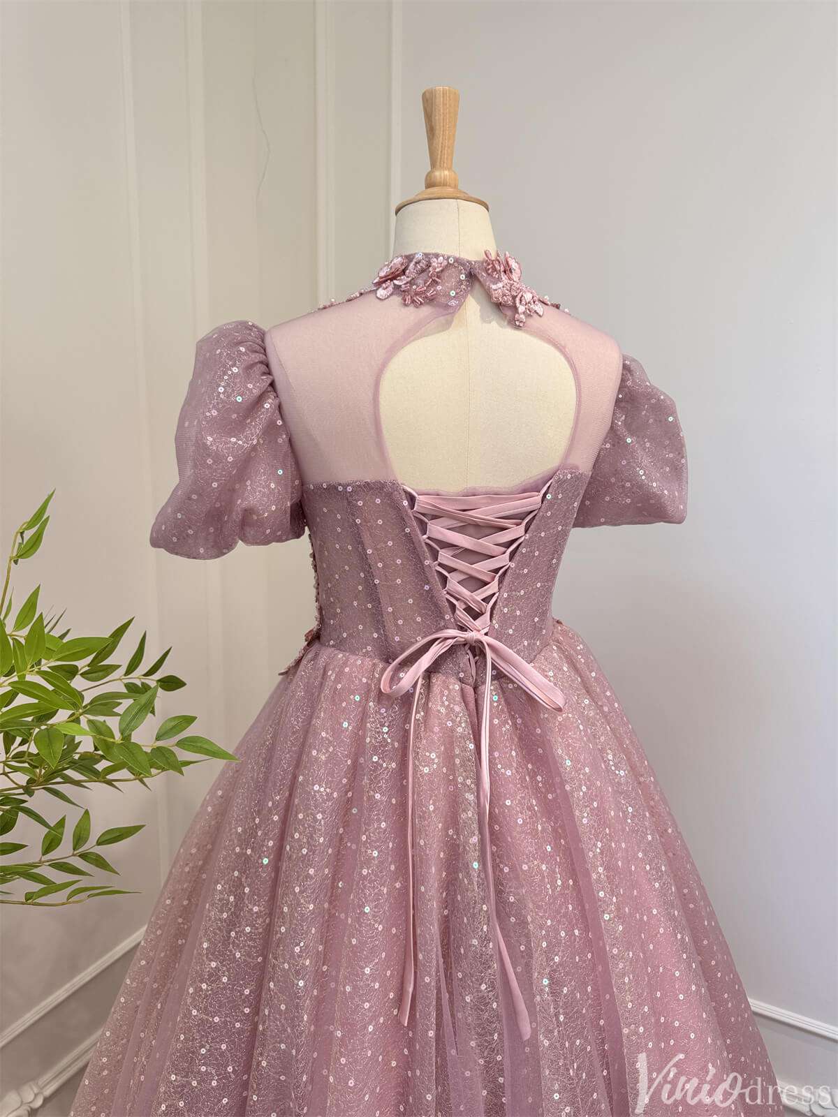 Dusty Rose Prom Dresses Sequin Lace Modest High Neck Ball Gown 80008-prom dresses 2025 -Viniodress-Dusty Rose-Custom Size-