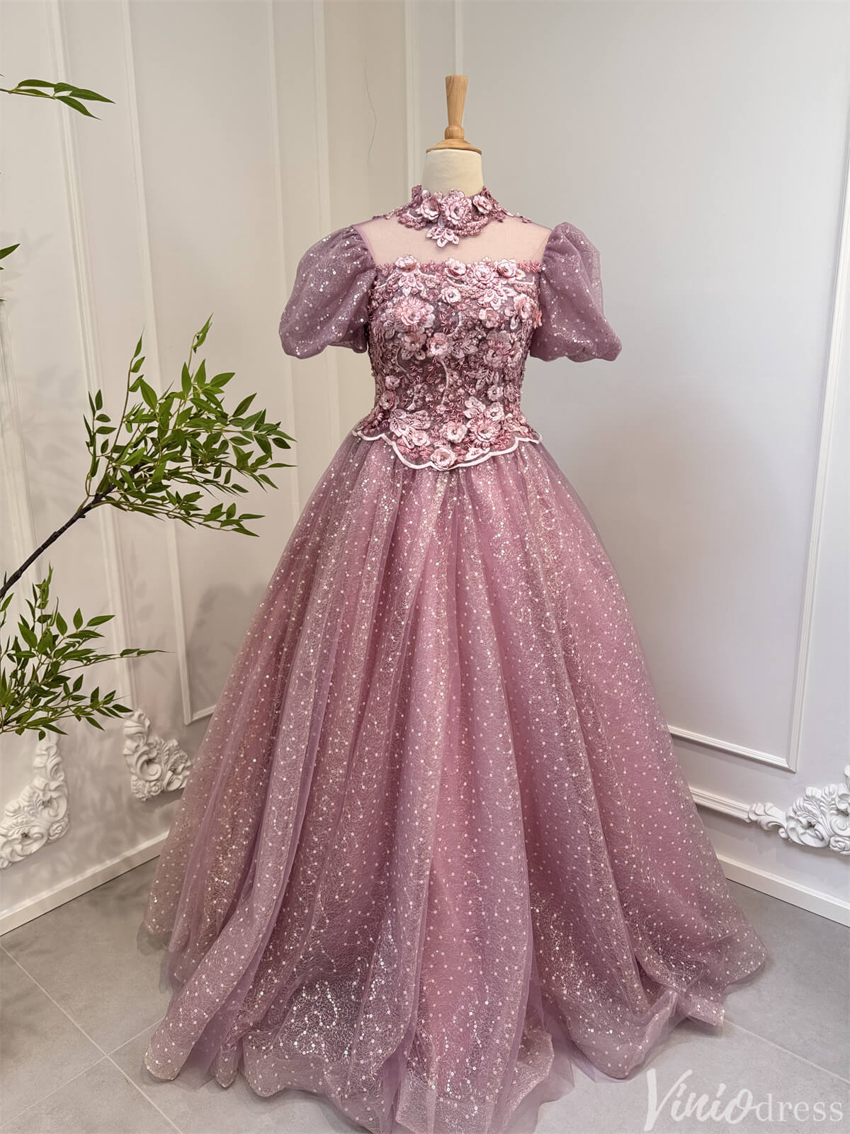 Dusty Rose Prom Dresses Sequin Lace Modest High Neck Ball Gown 80008-prom dresses 2025 -Viniodress-Dusty Rose-Custom Size-
