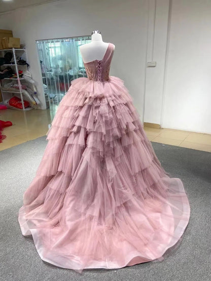 Dusty Rose Quinceanera Dresses One Shoulder Red Tulle Ball Gowns Viniodress viniodress-Quinceanera Dresses 2025 -Viniodress-Dusty Rose-Custom Size-