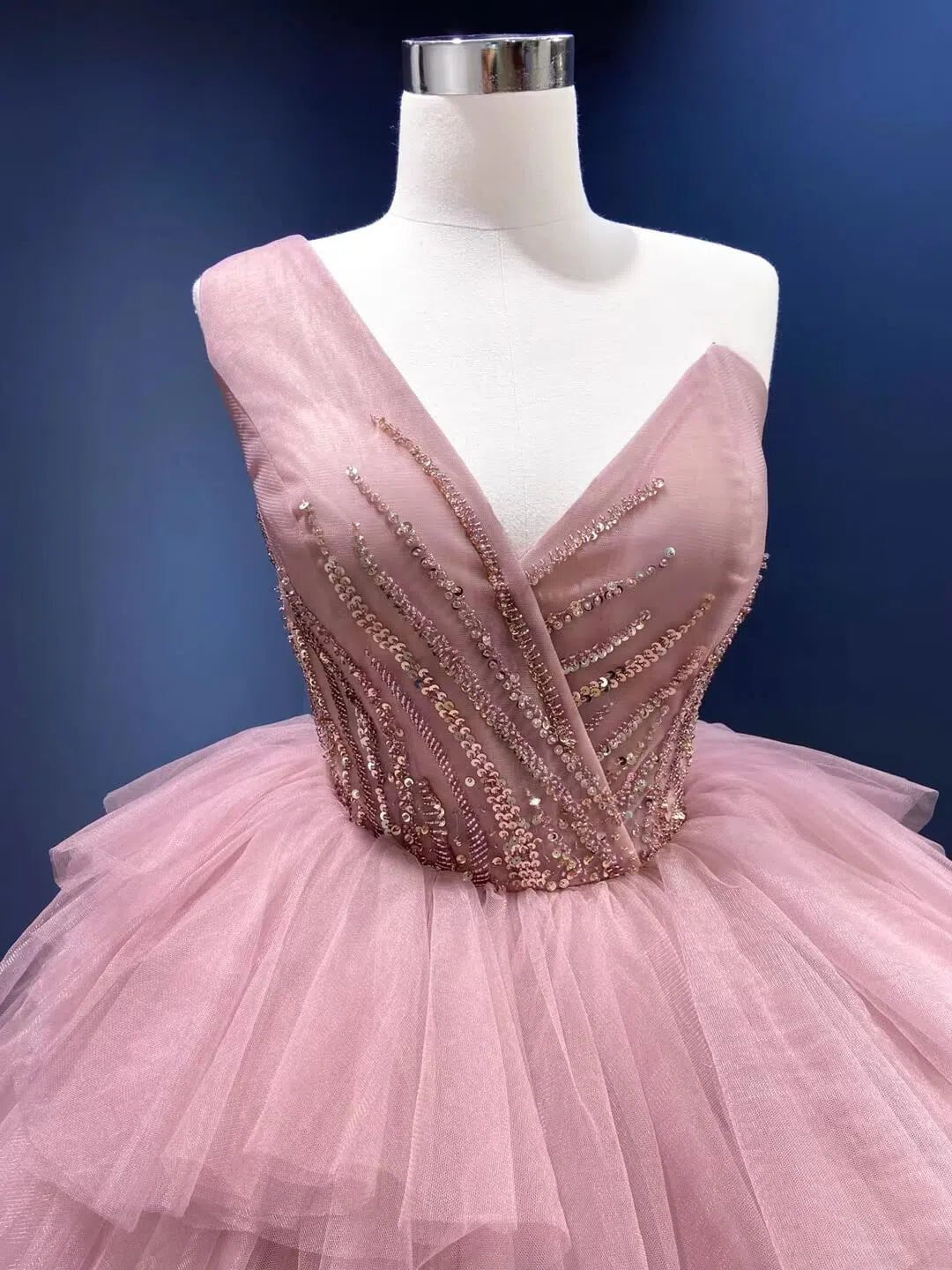 Dusty Rose Quinceanera Dresses One Shoulder Red Tulle Ball Gowns Viniodress viniodress-Quinceanera Dresses 2025 -Viniodress-Dusty Rose-Custom Size-