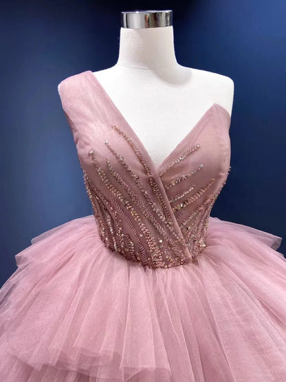 Dusty Rose Quinceanera Dresses One Shoulder Red Tulle Ball Gowns Viniodress viniodress-Quinceanera Dresses 2025 -Viniodress-Dusty Rose-Custom Size-