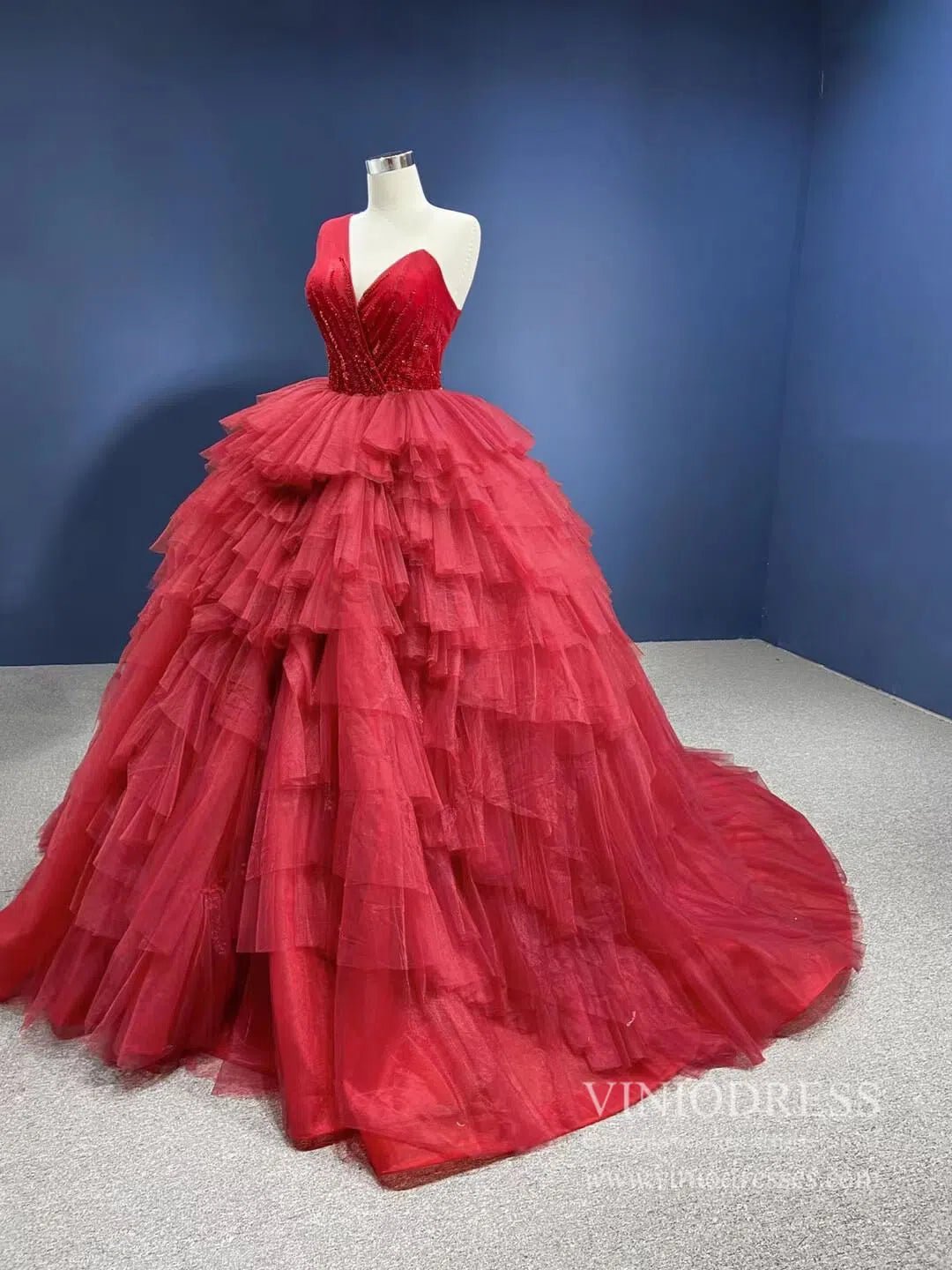 Dusty Rose Quinceanera Dresses One Shoulder Red Tulle Ball Gowns Viniodress viniodress-Quinceanera Dresses 2025 -Viniodress-Dusty Rose-Custom Size-