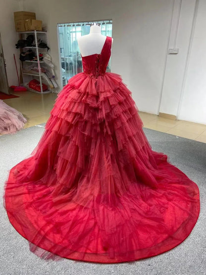 Dusty Rose Quinceanera Dresses One Shoulder Red Tulle Ball Gowns Viniodress viniodress-Quinceanera Dresses 2025 -Viniodress-Dusty Rose-Custom Size-