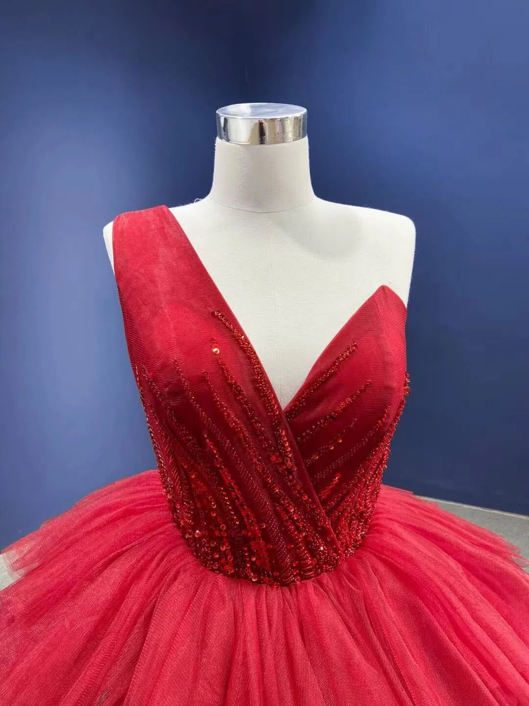 Dusty Rose Quinceanera Dresses One Shoulder Red Tulle Ball Gowns Viniodress viniodress-Quinceanera Dresses 2025 -Viniodress-Dusty Rose-Custom Size-