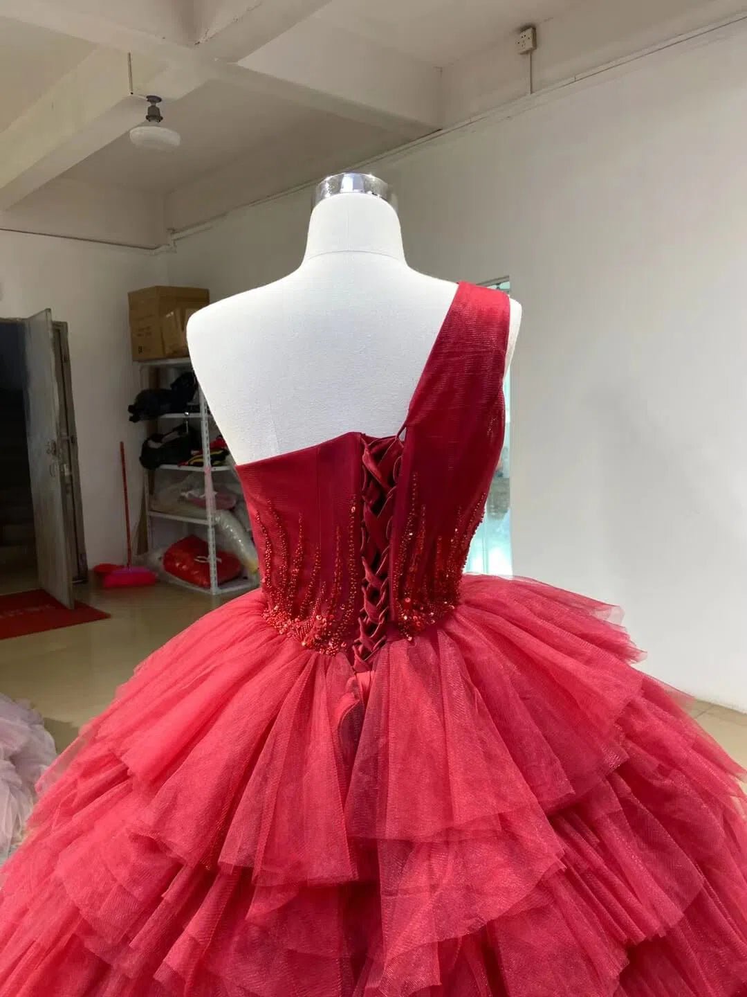 Dusty Rose Quinceanera Dresses One Shoulder Red Tulle Ball Gowns Viniodress viniodress-Quinceanera Dresses 2025 -Viniodress-Dusty Rose-Custom Size-