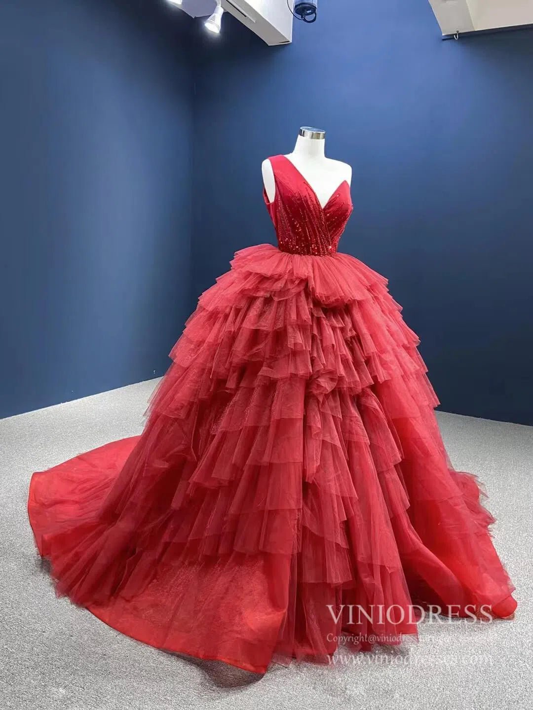 Dusty Rose Quinceanera Dresses One Shoulder Red Tulle Ball Gowns Viniodress viniodress-Quinceanera Dresses 2025 -Viniodress-Rose Red-Custom Size-