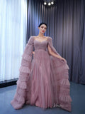 Dusty Rose Ruffle Prom Dresses Cape Sleeve Formal Dress 222125