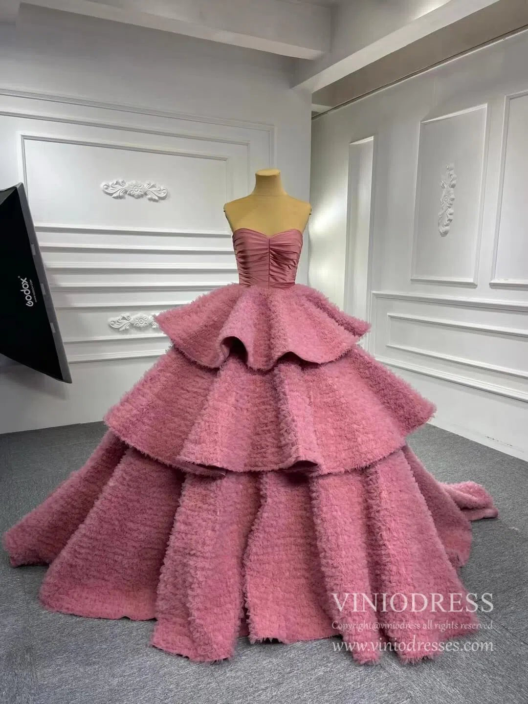 Dusty Rose Ruffled Tulle Ball Gown Strapless Princess Dress VINIODRESS viniodress-Quinceanera Dresses 2025 -Viniodress-Dusty Rose-Custom Size-