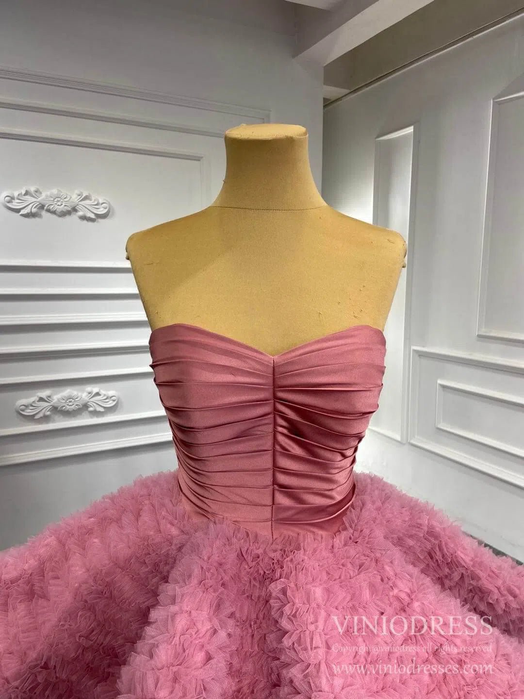 Dusty Rose Ruffled Tulle Ball Gown Strapless Princess Dress VINIODRESS viniodress-Quinceanera Dresses 2025 -Viniodress-Dusty Rose-Custom Size-