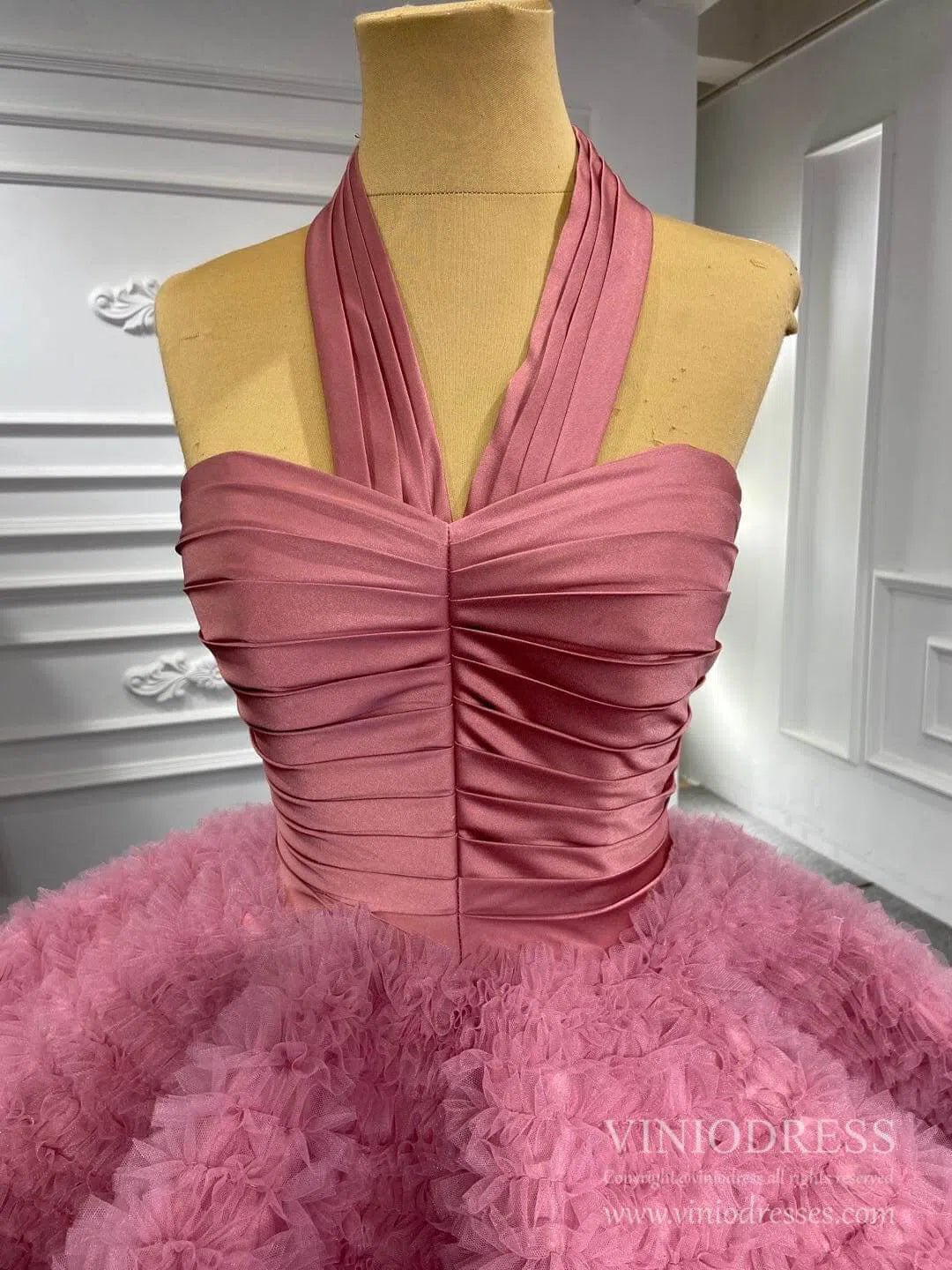 Dusty Rose Ruffled Tulle Ball Gown Strapless Princess Dress VINIODRESS viniodress-Quinceanera Dresses 2025 -Viniodress-Dusty Rose-Custom Size-