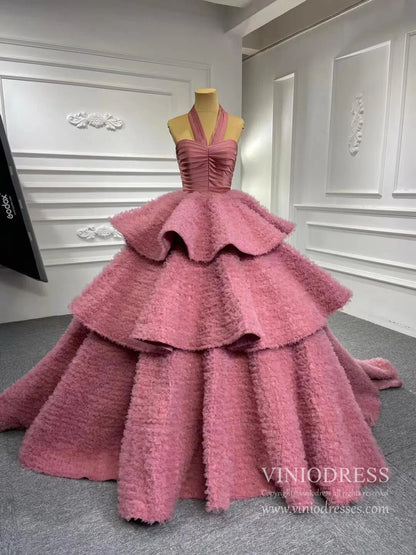 Dusty Rose Ruffled Tulle Ball Gown Strapless Princess Dress VINIODRESS viniodress-Quinceanera Dresses 2025 -Viniodress-Dusty Rose-Custom Size-