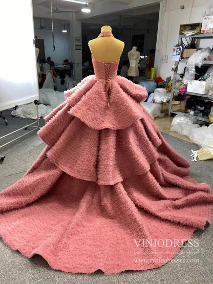 Dusty Rose Ruffled Tulle Ball Gown Strapless Princess Dress VINIODRESS viniodress-Quinceanera Dresses 2025 -Viniodress-Dusty Rose-Custom Size-