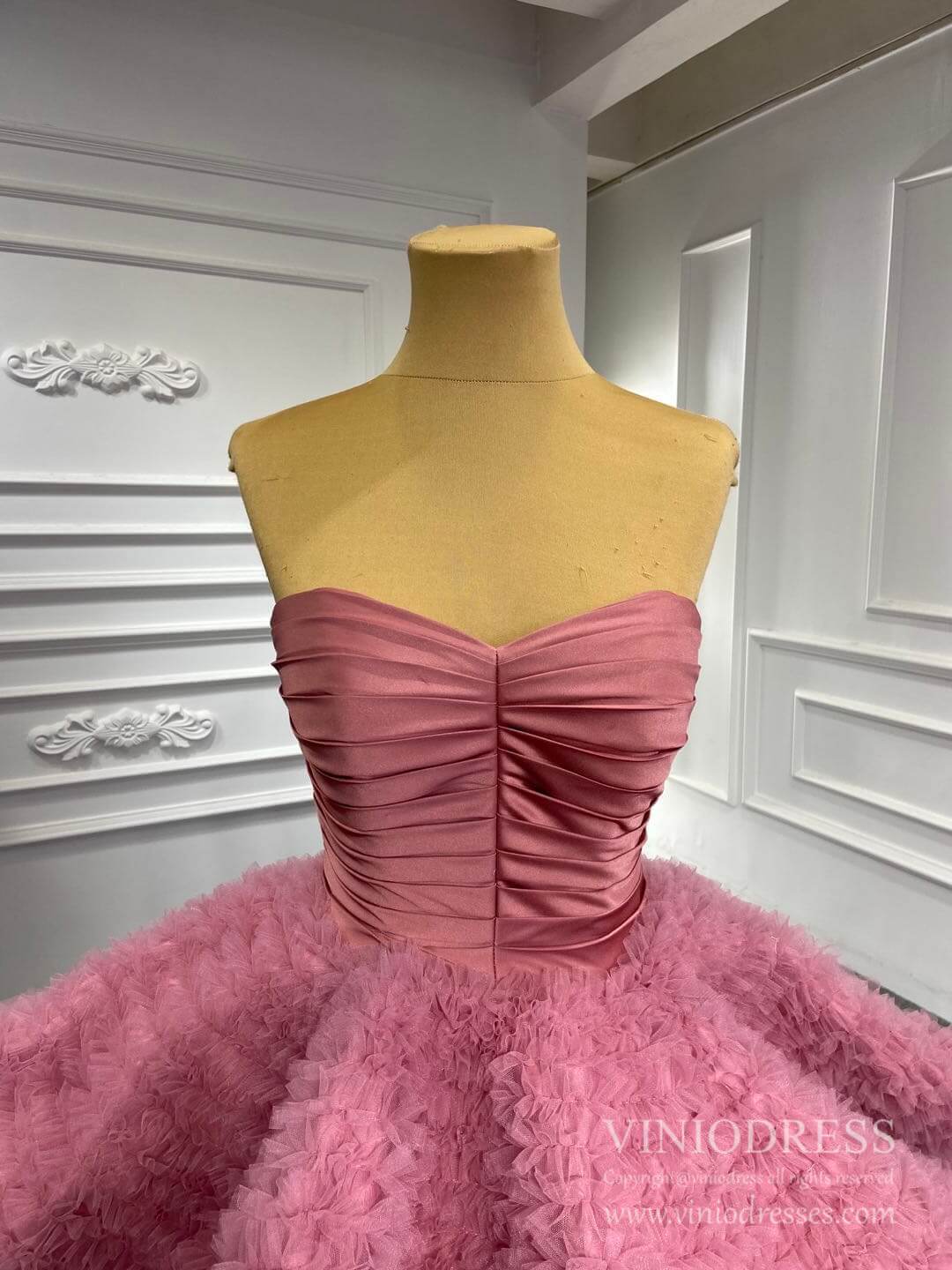 Prom Dress 2025 Dusty Rose Ruffled Tulle Ball Gown Strapless Princess Dress VINIODRESS viniodress-unique Quinceanera Dresses-Dusty Rose-Custom Size-Viniodress