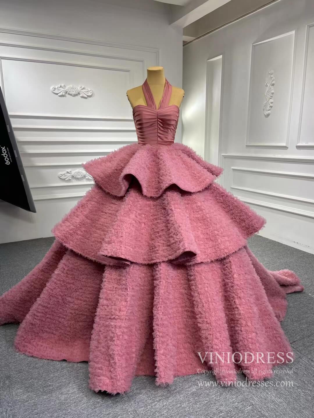 Prom Dress 2025 Dusty Rose Ruffled Tulle Ball Gown Strapless Princess Dress VINIODRESS viniodress-unique Quinceanera Dresses-Dusty Rose-Custom Size-Viniodress