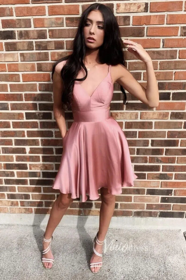 Short Prom Dresses 2025 Dusty Rose Satin Short Prom Dress with Pockets SD1121-homecoming dresses-Viniodress-Dusty Rose-Custom Size-Viniodress