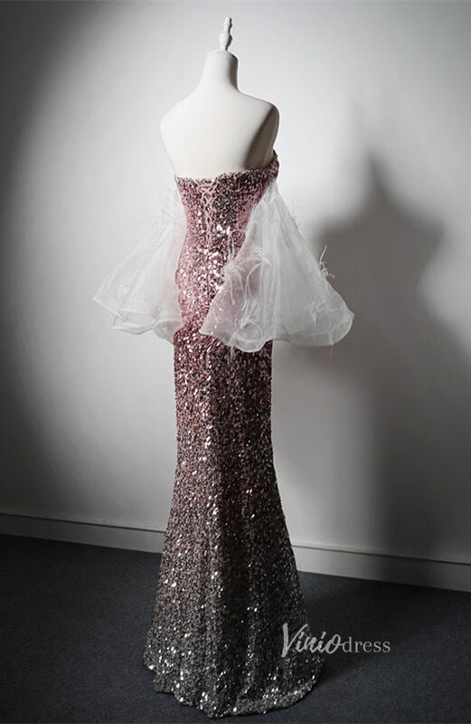 Dusty Rose Sequin Mermaid Prom Dresses with Slit Strapless Feather Puffed Sleeve AD1217 - Viniodressprom dressesDusty RoseCustom Size - Formal Dresses - Ball Gowns