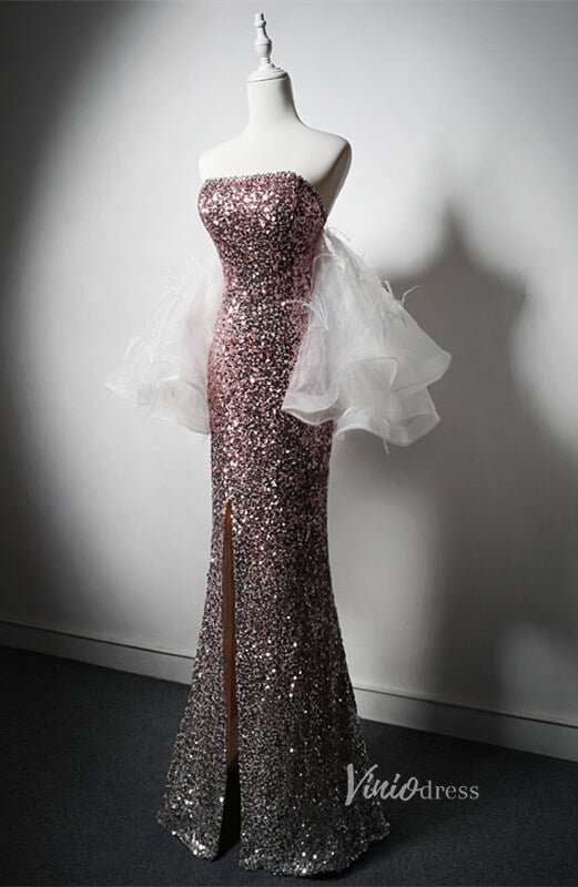 Dusty Rose Sequin Mermaid Prom Dresses with Slit Strapless Feather Puffed Sleeve AD1217 - Viniodressprom dressesDusty RoseCustom Size - Formal Dresses - Ball Gowns