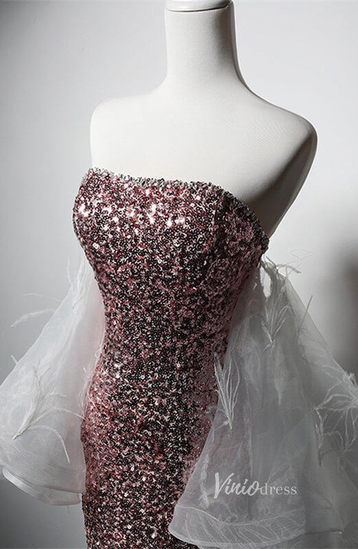 Dusty Rose Sequin Mermaid Prom Dresses with Slit Strapless Feather Puffed Sleeve AD1217 - Viniodressprom dressesDusty RoseCustom Size - Formal Dresses - Ball Gowns