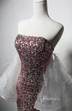 Dusty Rose Sequin Mermaid Prom Dresses with Slit Strapless Feather Puffed Sleeve AD1217-prom dresses-Viniodress-Viniodress