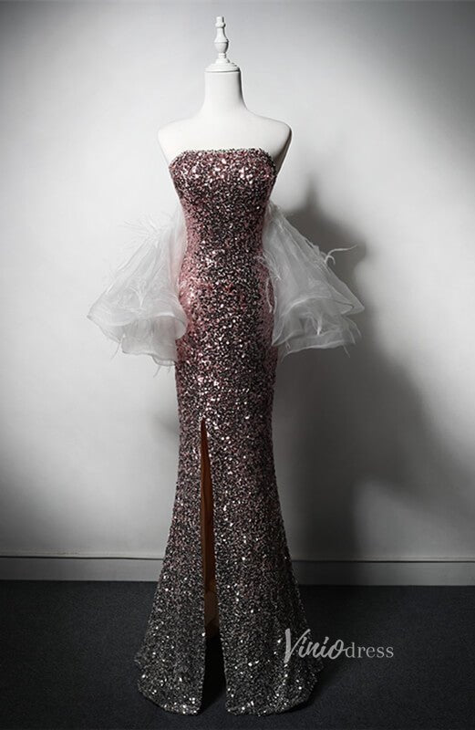 Dusty Rose Sequin Mermaid Prom Dresses with Slit Strapless Feather Puffed Sleeve AD1217 - Viniodressprom dressesDusty RoseCustom Size - Formal Dresses - Ball Gowns