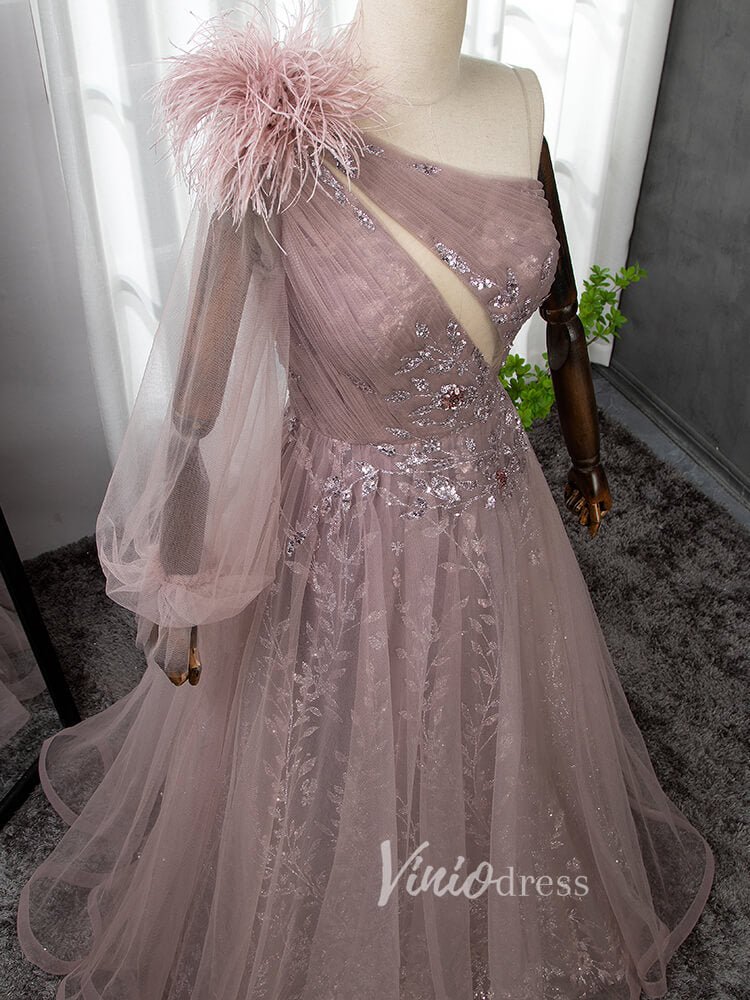 Dusty Rose Tulle Prom Dresses One Shoulder Feather Long Sleeve Evening Gown 20037-Evening Dresses 2025 -Viniodress-Dusty Rose-US 2-