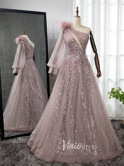Dusty Rose Tulle Prom Dresses One Shoulder Feather Long Sleeve Evening Gown 20037-Evening Dresses 2025 -Viniodress-Dusty Rose-US 2-